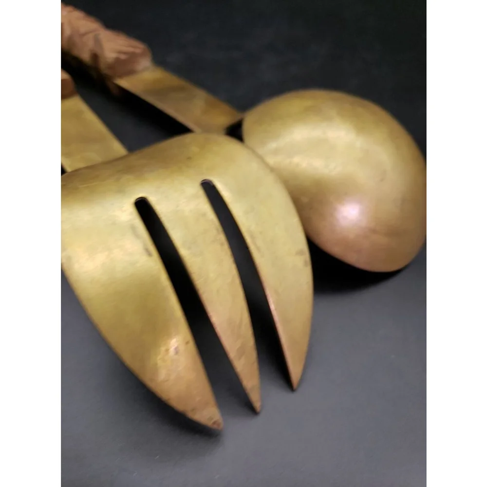 Vintage MCM Spoon & Fork Salad Servers Wood and Brass 11